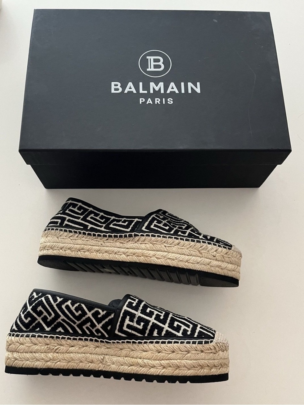 Balmain Black & White Geometric Espadrille Slip-Ons
